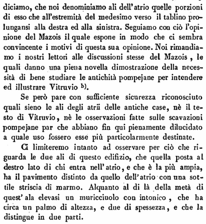 VII.4.57 Pompeii. Room 9, ala on west side of atrium. Description by Avellino.
See Avellino, F. M. Descrizione di una Casa Pompejana Disotterrata in Pompeii nell’anno 1831, 1832, 1833 la terza alle spalle del tempio della Fortuna Augusta. Naples, 1837, p. 19.