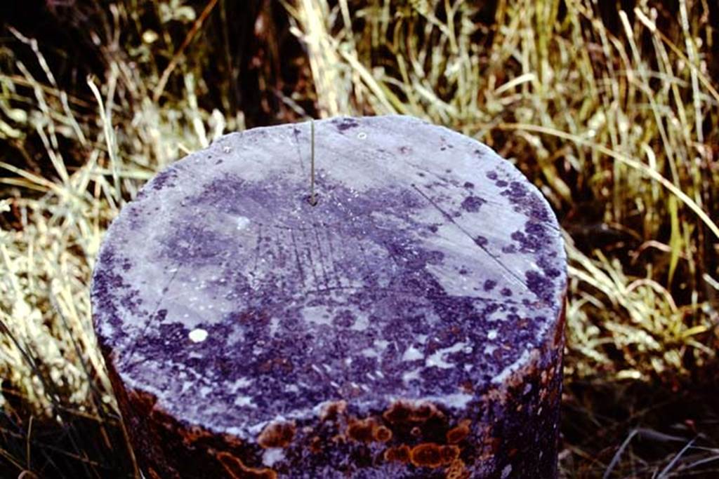VII.4.57 Pompeii, 1978. Sundial carved onto top of a marble column. Photo by Stanley A. Jashemski.
Source: The Wilhelmina and Stanley A. Jashemski archive in the University of Maryland Library, Special Collections (See collection page) and made available under the Creative Commons Attribution-Non Commercial License v.4. See Licence and use details. J78f0086