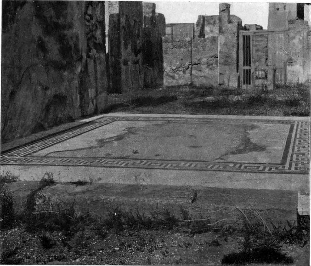 VII.4.59 Pompeii. c.1930. West wall and floor of tablinum l, looking north to entrance doorway.
See Blake, M., (1930). The pavements of the Roman Buildings of the Republic and Early Empire. Rome, MAAR, 8, (p.83, & pl.16, tav.4)