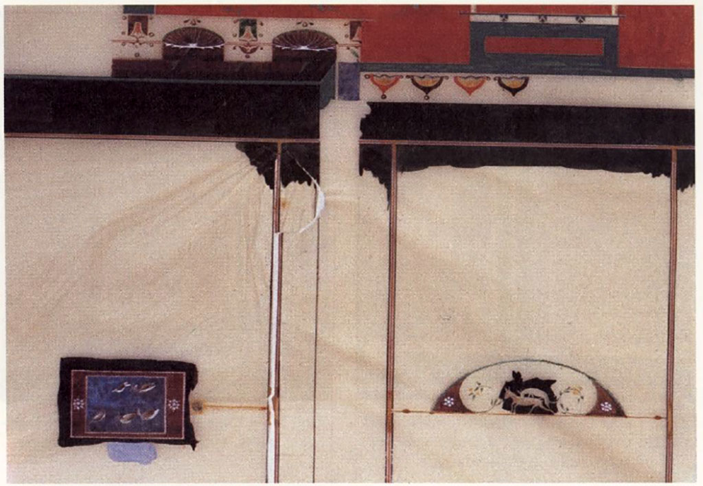 VII.4.59 Pompeii. 1837 painting detail of peristyle o, east wall of the north porticus. Detail of epistyle and fresco.