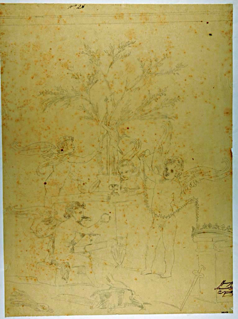 VII.4.59 Pompeii. Drawing of Cupids playing with the attributes of Aphrodite next to a statue of Priapus
Found on the west wall of Exedra or triclinium y. 
Drawing attributed to Michele Mastracchio.
Now in Naples Archaeological Museum. Inventory number ADS 673.
Photo © ICCD. https://www.catalogo.beniculturali.it/
Utilizzabili alle condizioni della licenza Attribuzione - Non commerciale - Condividi allo stesso modo 2.5 Italia (CC BY-NC-SA 2.5 IT)

