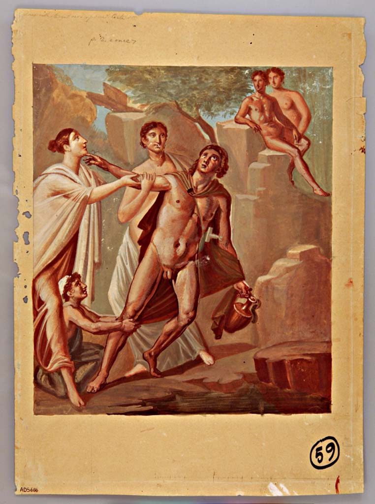 VII.4.62 Pompeii. Triclinium 7, north wall. Copy of the fresco of the rape of Hylas, attributed to Giuseppe Marsigli.
Now in Naples Archaeological Museum. Inventory number ADS 686.
Photo � ICCD. http://www.catalogo.beniculturali.it
Utilizzabili alle condizioni della licenza Attribuzione - Non commerciale - Condividi allo stesso modo 2.5 Italia (CC BY-NC-SA 2.5 IT)

