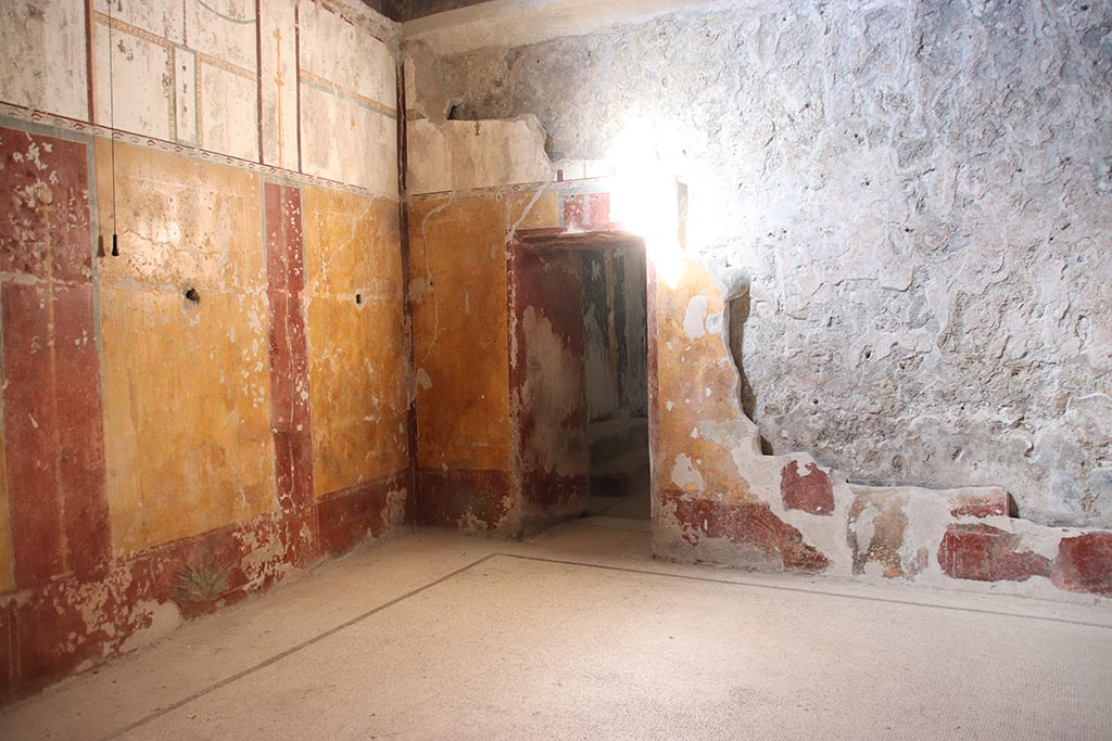 VII.5.8 Pompeii. October 2024.
Tepidarium (49), looking towards north-west corner and doorway into room (46) in north wall. Photo courtesy of Klaus Heese.
