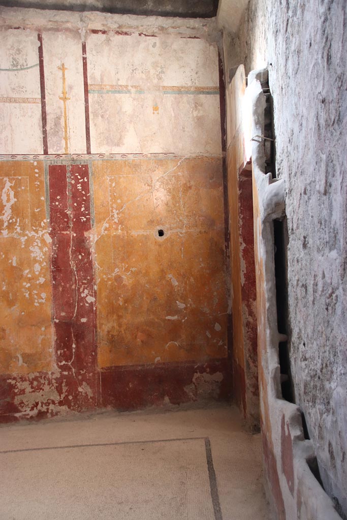 VII.5.8 Pompeii. October 2024.
Tepidarium (49), looking towards north-west corner, with detail of north wall, on right.
Photo courtesy of Klaus Heese.