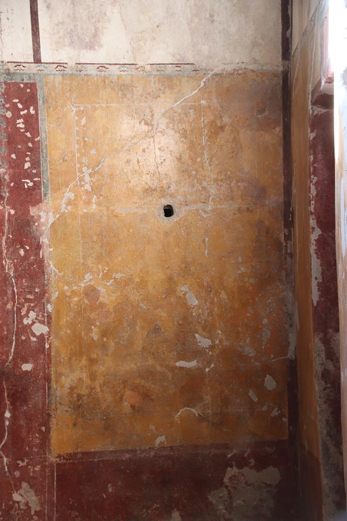 VII.5.8 Pompeii. October 2024.
Tepidarium (49), detail of panel at north end of west wall. Photo courtesy of Klaus Heese.