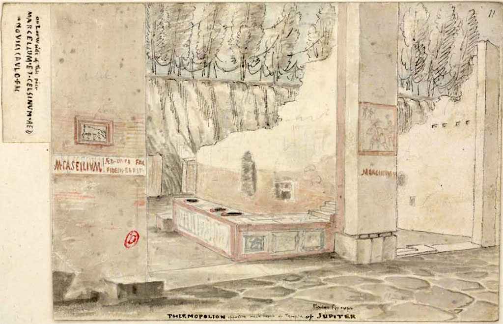 VII.5.14 Pompeii, on left. Between 1819 and 1832, sketch by W. Gell showing "Thermopolion opposite back front of Temple of Jupiter".
Shown on the right is the marble clad counter and on the left pilaster below the plaque is the inscription 
M(arcum)  Casellium //
aed(ilem)  d(ignum)  r(ei)  p(ublicae)  fac(it)
Fidelis  Fbrli      [CIL IV 540]
See Gell, W. Pompeii unpublished [Dessins de l'�dition de 1832 donnant le r�sultat des fouilles post 1819 (?)] vol II, pl. 72.
Biblioth�que de l'Institut National d'Histoire de l'Art, collections Jacques Doucet, Identifiant num�rique Num MS180 (2).
See book in INHA Use Etalab Licence Ouverte
