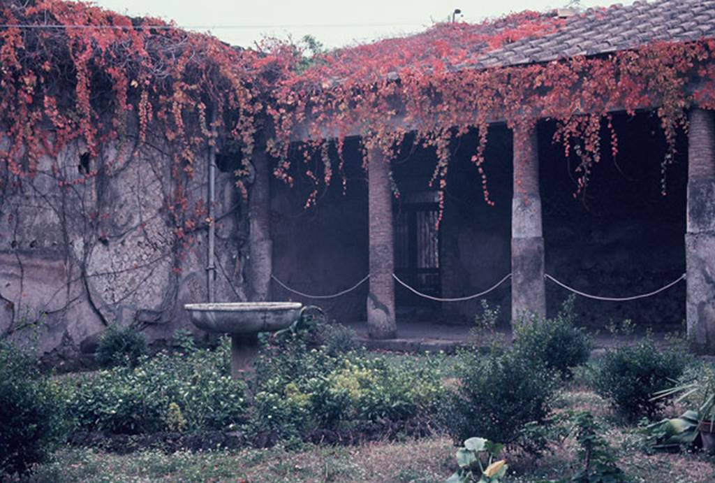 VII.5.24 Pompeii. November 1966. Looking south-west across courtyard (5). Photo courtesy of Rick Bauer.
A rainwater channel (6) ran around the courtyard to take the water from the portico (7).
According to Fiorelli –
In the south-west corner was another exit from the Baths, having a very large latrine nearby.
(This would have led to present-day entrance at VII.5.12 in the Vicolo delle Terme).