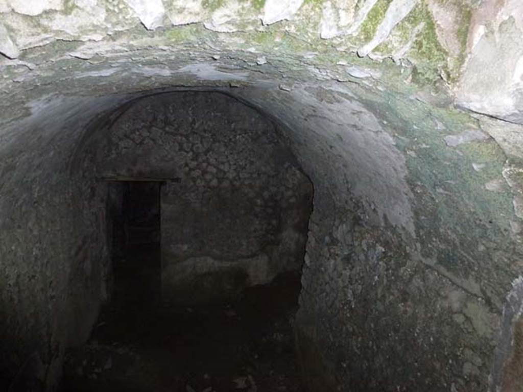 VI.6.3 Pompeii. June 2012. Looking east into kitchen g, from window at floor level in Vicolo del Farmacista.