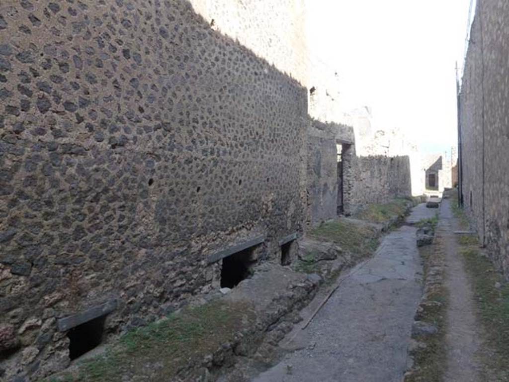 VII.6.3, side wall, Pompeii. June 2012. Looking south along exterior side wall in Vicolo della Farmacista. To the right of centre, the doorway of VII.6.38 can be seen.