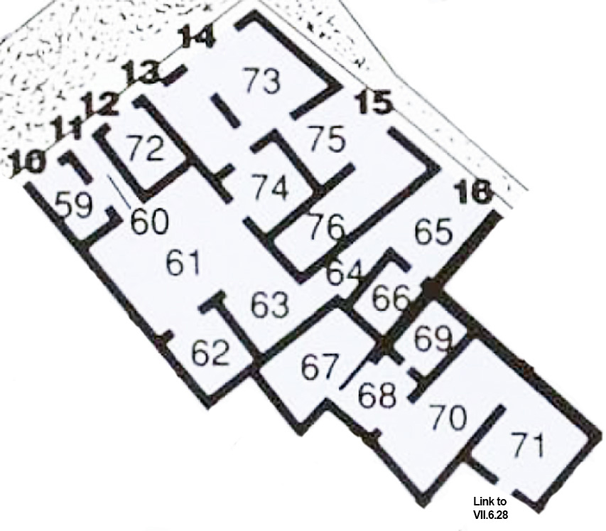 VII.6.13 Pompeii. Plan based on PPM.
See Carratelli, G. P., 1990-2003. Pompei: Pitture e Mosaici: Vol. VII. Roma: Istituto della enciclopedia italiana, p. 180.