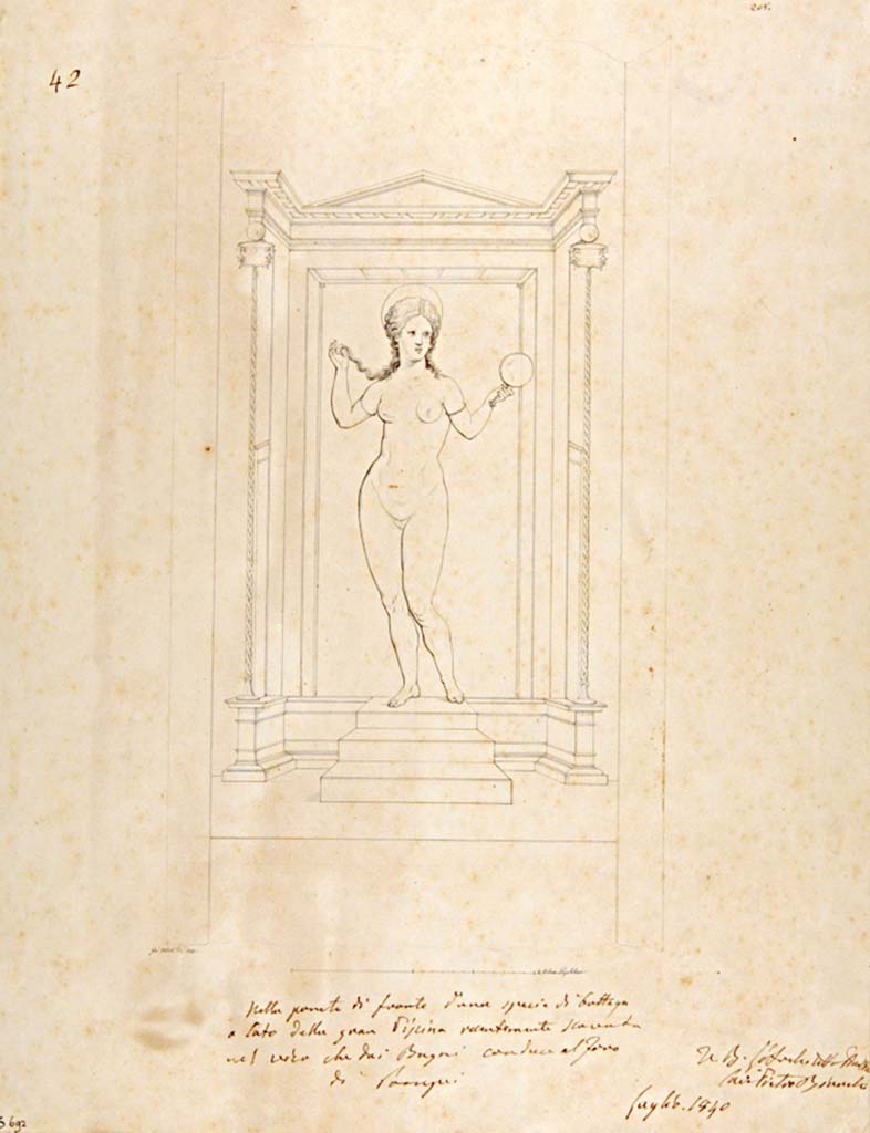 VII.6.13/14 Pompeii. Drawing by Giuseppe Abbate, 1840, copy of a painting of Venus with her mirror, from the wall in front of a sort of shop, at the side of the Large Baths.
Two paintings were found, this one from the rear wall was detached and taken to Naples Archaeological Museum, inventory number 28873.
The other presumably was left and lost, see also VII.6.14.
Now in Naples Archaeological Museum. Inventory number ADS 692.
Photo © ICCD. http://www.catalogo.beniculturali.it
Utilizzabili alle condizioni della licenza Attribuzione - Non commerciale - Condividi allo stesso modo 2.5 Italia (CC BY-NC-SA 2.5 IT)