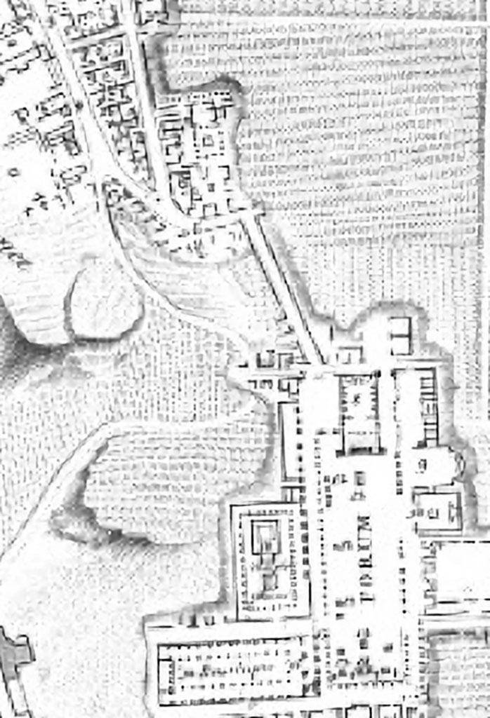Enlargement of plan of Forum area, c.1819, drawn by H. Wilkins.
VI.6.1, Pansa’ House is shown at the top of the straight roadway leading down towards the Forum.
This would seem to show that the way between the north end of the Forum and Pansa’s House (as mentioned in the Gell drawings above) would have been along the line of the (present) Vicolo delle Terme. Perhaps the Gell drawings, and the scandalous chamber, were from the north side of Vicolo dei Soprastanti (VII.5.14-17) or as already mentioned from VII.6.14/15.
See Wilkins, H. (1819). Suite des Vues Pittoresques des ruines de Pompei, p.5, Pl.II.
Although the extracts above, from 1840 PAH (PAH, Vol 2, 25th May 1840, and PAH, Vol.3, (Addenda), 3rd June 1840) and BdI 1841, show that excavations were taking place in 1840/41, on the above plan drawn by Wilkins in 1819, it would appear that some buildings on the corner of VII.6, opposite Pansa’s House, were already in the light, as they had been previously been unearthed from 1757 to 1761