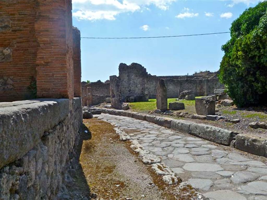 VII.6.26 Pompeii. May 2011. Looking north-west towards entrances at VII.6.28 (white step), 27 (green grass), 26 and 25 (on right). Photo courtesy of Michael Binns.