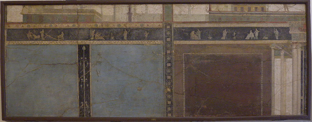 VII.6.28 Pompeii. Found on 10th April 1762. Architectural painting representing scenes of Dionysus.
Now in Naples Archaeological Museum. Inventory number 9183.
See Antichit� di Ercolano: Tomo Quarto: Le Pitture 4, 1765, 45-46, 221-227.
See Helbig, W., 1868. Wandgem�lde der vom Vesuv versch�tteten St�dte Campaniens. Leipzig: Breitkopf und H�rtel, (569).
