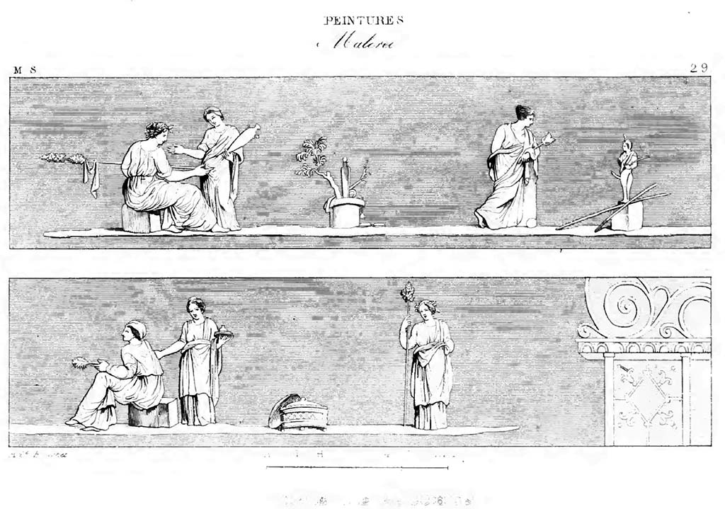 VII.6.28 Pompeii. Paintings from the corniche with bacchic scenes with six people and a statue of Priapus.
See Roux, H., 1840. Herculanem et Pompei recueil g�n�ral des Peintures, Bronzes, Mosa�ques : Tome 8, Mus�e Secret. Paris : Didot, pl. 29.
