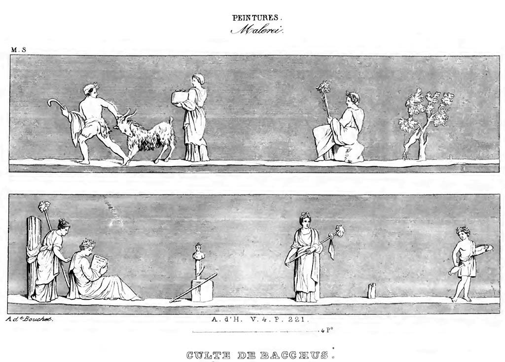 VII.6.28 Pompeii. Paintings from the corniche with bacchic scenes with eight people, a goat and a statue of Priapus.
See Roux, H., 1840. Herculanem et Pompei recueil g�n�ral des Peintures, Bronzes, Mosa�ques : Tome 8, Mus�e Secret. Paris : Didot, pl. 30.
