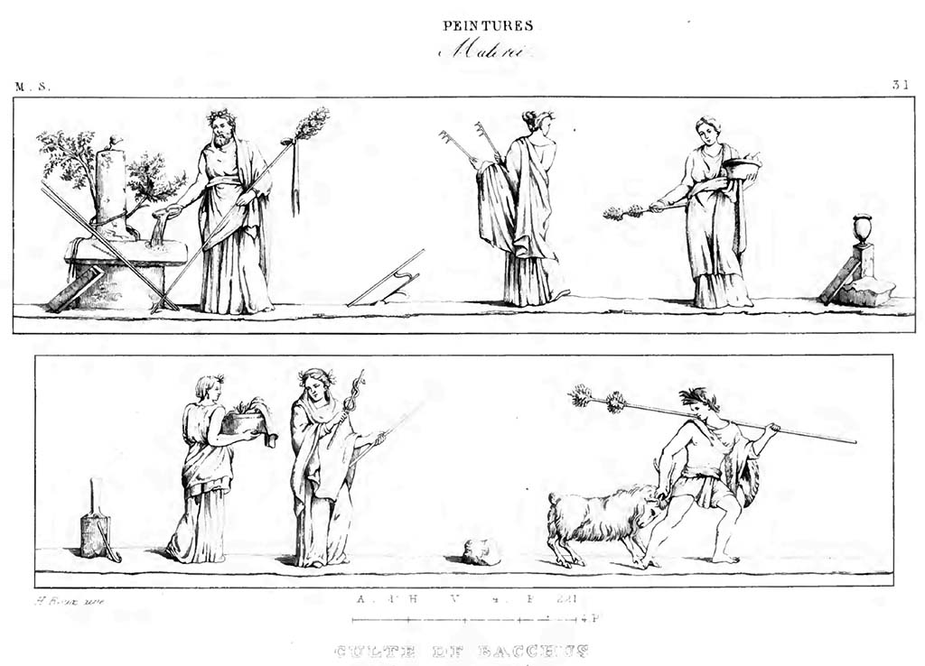 VII.6.28 Pompeii. Paintings from the corniche with bacchic scenes with six people, and a goat.
See Roux, H., 1840. Herculanem et Pompei recueil g�n�ral des Peintures, Bronzes, Mosa�ques : Tome 8, Mus�e Secret. Paris : Didot, pl. 31.
