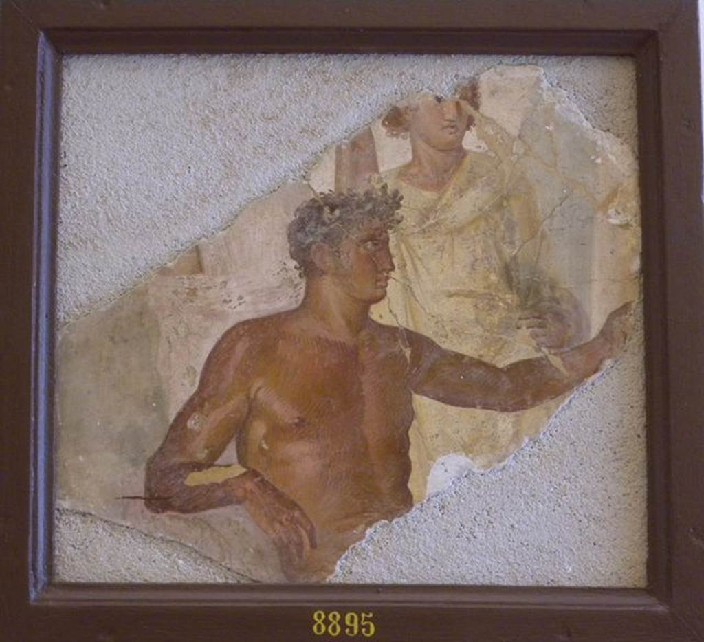VII.6.28 Pompeii. Found on 10th April 1762. Painting of two figures, one a naked man with a crown of flowers on his head.
Now in Naples Archaeological Museum. Inventory number 8895.
See Antichit� di Ercolano: Tomo Quarto: Le Pitture 4, 1765, 47, 231.
See Helbig, W., 1868. Wandgem�lde der vom Vesuv versch�tteten St�dte Campaniens. Leipzig: Breitkopf und H�rtel, (1167).
