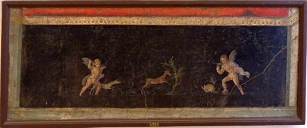 VII.6.28 Pompeii. Found on 24th April 1762. Painting of two cupids, one with a dog and a bow chasing a deer and birds.
Now in Naples Archaeological Museum. Inventory number 9229.
See Antichit� di Ercolano: Tomo Setto: Le Pitture 5, 1779, 65, 291.
See Helbig, W., 1868. Wandgem�lde der vom Vesuv versch�tteten St�dte Campaniens. Leipzig: Breitkopf und H�rtel, (813).
