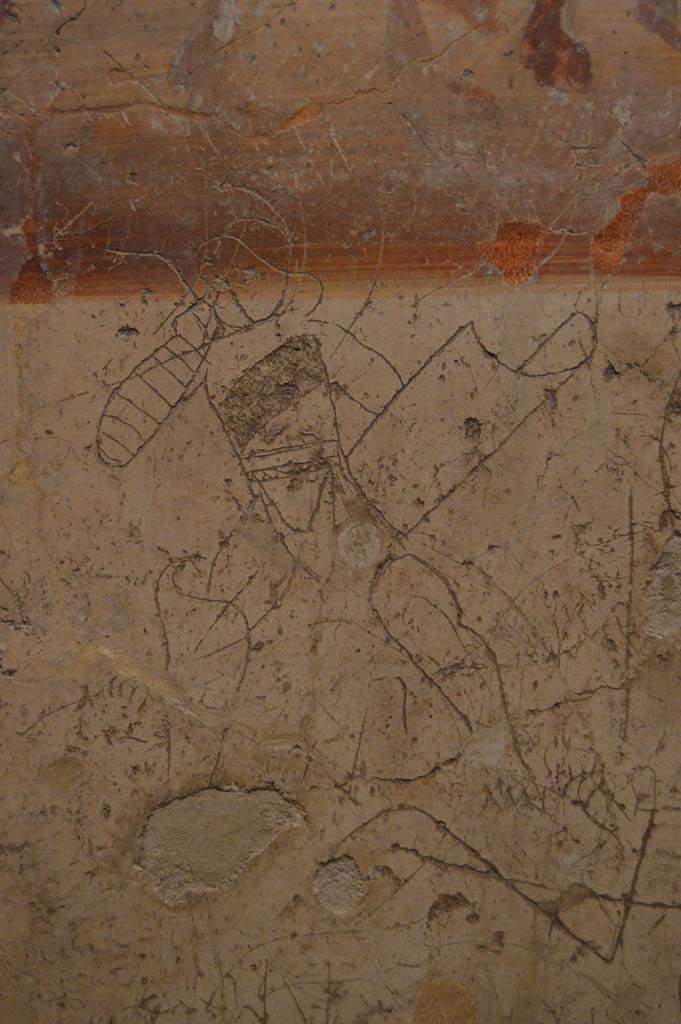 VII.6.34/35 Pompeii. March 2018. Found on the pilaster between VII.6.35 and VII.6.34.
Detail of the graffito of the gladiatorial scene from beneath the painting.
Now in Naples Archaeological Museum. Inventory number 27683.
Foto Taylor Lauritsen, ERC Grant 681269 DÉCOR.