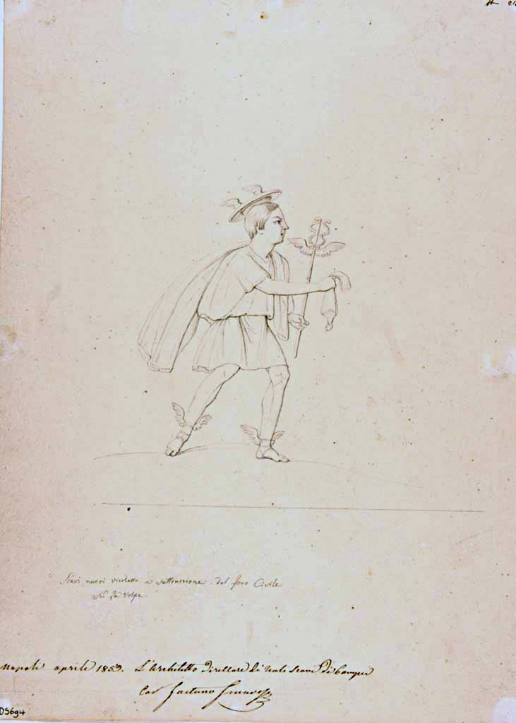 VII.6.35 Pompeii. Drawing by Nicola La Volpe, of Mercury seen on the exterior pilaster to the left of VII.6.35.
Both figures of the divinities, Mercury and Bacchus have now faded and disappeared, this is the only known drawing of one of them.
Now in Naples Archaeological Museum. Inventory number ADS 694.
Photo © ICCD. https://www.catalogo.beniculturali.it/
Utilizzabili alle condizioni della licenza Attribuzione - Non commerciale - Condividi allo stesso modo 2.5 Italia (CC BY-NC-SA 2.5 IT)