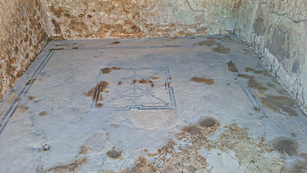 VII.7.2 Pompeii. December 2019.
Looking south across flooring and central emblema in oecus “n”. Photo courtesy of Giuseppe Ciaramella.