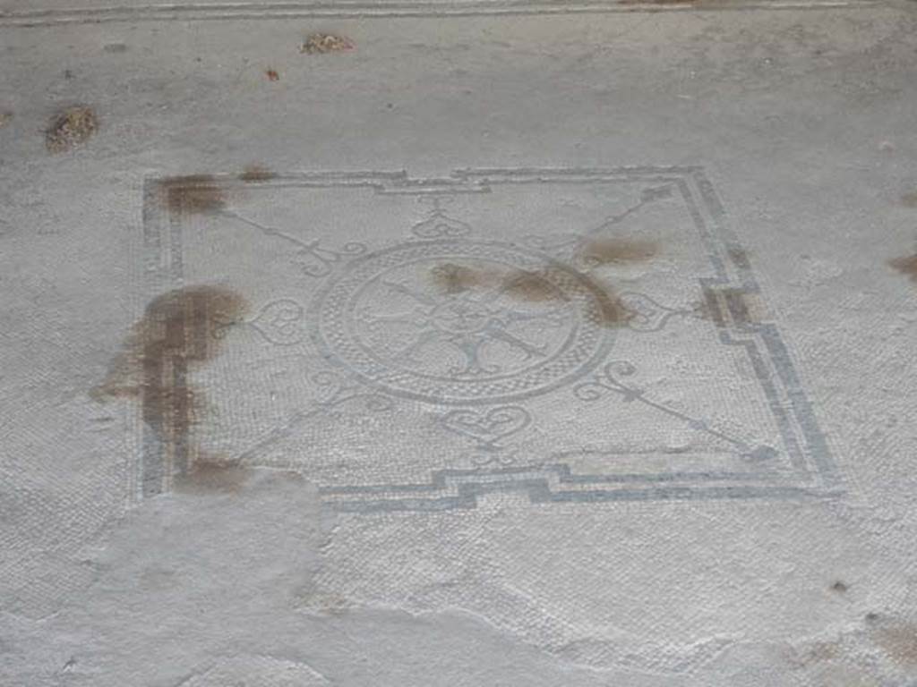 VII.7.2 Pompeii, May 2018. Central emblema in mosaic floor in room at east end of south portico.
Photo courtesy of Buzz Ferebee.