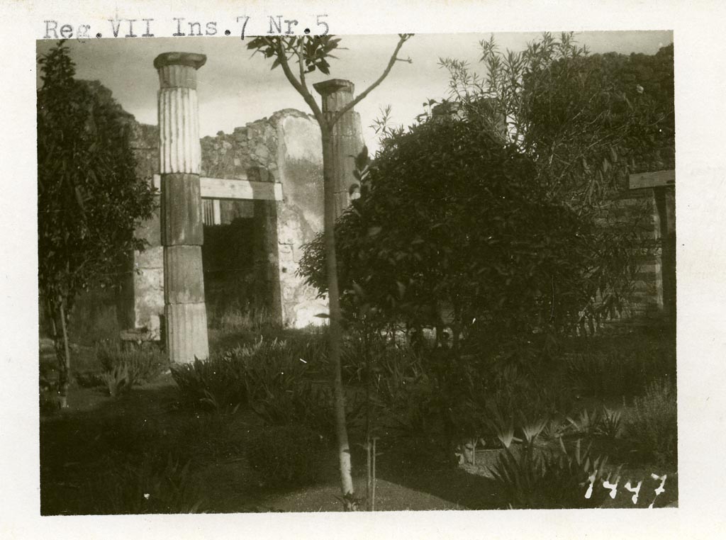 Mystery photo. VII.7.5 Pompeii according to Warsher – we think it may be -
VII.7.2 Pompeii. Pre-1937-39. Looking across rear peristyle “x” towards doorway of room “z” in north-east corner, centre left.
On the right would be a doorway into one of the rooms on the east side of the peristyle, possibly room “s”.
This area suffered badly from the 1943 bombing.
Photo courtesy of American Academy in Rome, Photographic Archive. Warsher collection no. 1447.
If anyone would like to agree or disagree with our thoughts, we would be pleased to hear from you.