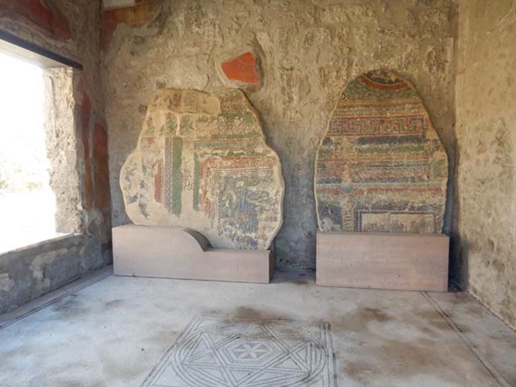 VII.7.5 Pompeii, May 2018.
Room (n), these two fragments of a mosaic vault belong to the nearby Suburban Baths at Porta Marina.
See VII.16.a Nymphaeum for more detail. Photo courtesy of Buzz Ferebee.