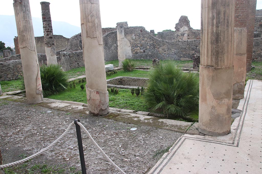 VII.7.5 Pompeii. October 2024. Looking south-west across peristyle/garden from east portico at north end. Photo courtesy of Klaus Heese.