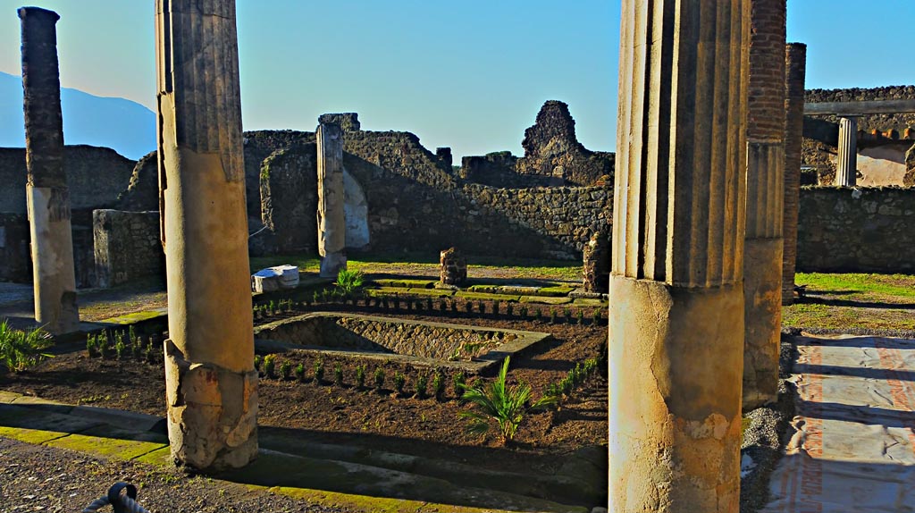 VII.7.5 Pompeii. December 2019.
Looking south and west across peristyle from east portico near to room (n), with north portico, on right. Photo courtesy of Giuseppe Ciaramella.