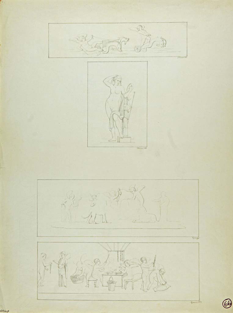 VII.7.5 Pompeii. Oecus (m). 1871 drawing by G. Discanno of 4 paintings.
The top painting is of cupids on chariots drawn by dolphins.
Below it is Hermaphrodite, looking into a mirror while resting on a statue of Pan, also drawn by N. La Volpe.
The third is unclear but is of cupids, intently working, animals and a statue.
The bottom is of cupids making garlands assisted by a Psyche.
See Carratelli, G. P., 2003. Pompei: La documentazione nell'Opera di disegnatori e pittori dei secoli XVIII e XIX. Roma: Istituto della enciclopedia italiana, p. 848.
Now in Naples Archaeological Museum. Inventory number ADS 698.
Photo © ICCD. http://www.catalogo.beniculturali.it
Utilizzabili alle condizioni della licenza Attribuzione - Non commerciale - Condividi allo stesso modo 2.5 Italia (CC BY-NC-SA 2.5 IT)