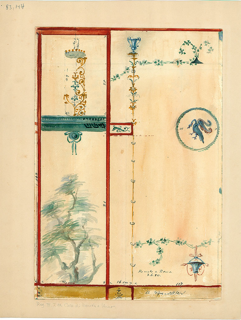 VII.7.10/13 Pompeii. 7th June 1880.
Watercolour of painted decorations from this house, but location unknown (also entered in VII.7.10).
DAIR 83.144. Photo © Deutsches Archäologisches Institut, Abteilung Rom, Arkiv.