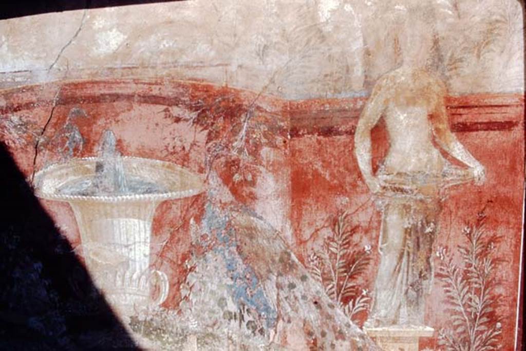 VII.7.13 Pompeii. 1968. Detail from painted decoration on west wall. Photo by Stanley A. Jashemski.
Source: The Wilhelmina and Stanley A. Jashemski archive in the University of Maryland Library, Special Collections (See collection page) and made available under the Creative Commons Attribution-Non Commercial License v.4. See Licence and use details.
J68f0987