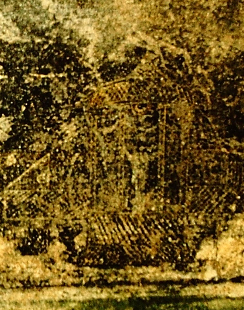 I.4.25 Pompeii. 1957.
Room 19, east end of south wall of triclinium of Antiope. Garden painting on black predella, detail of aviary similar to VII.7.16. Photo by Stanley A. Jashemski.
Source: The Wilhelmina and Stanley A. Jashemski archive in the University of Maryland Library, Special Collections (See collection page) and made available under the Creative Commons Attribution-Non-Commercial License v.4. See Licence and use details.
J57f0328 (detail)