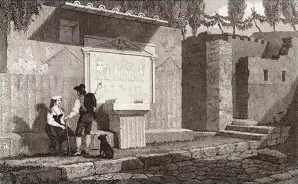 VII.7.22 Pompeii. 1832 drawing by Gell. Looking south across Vicolo dei Soprastanti to Jupiter altar.
See Gell, W, 1832. Pompeiana: Vol 1. London: Jennings and Chaplin, plate XI, p. 37.