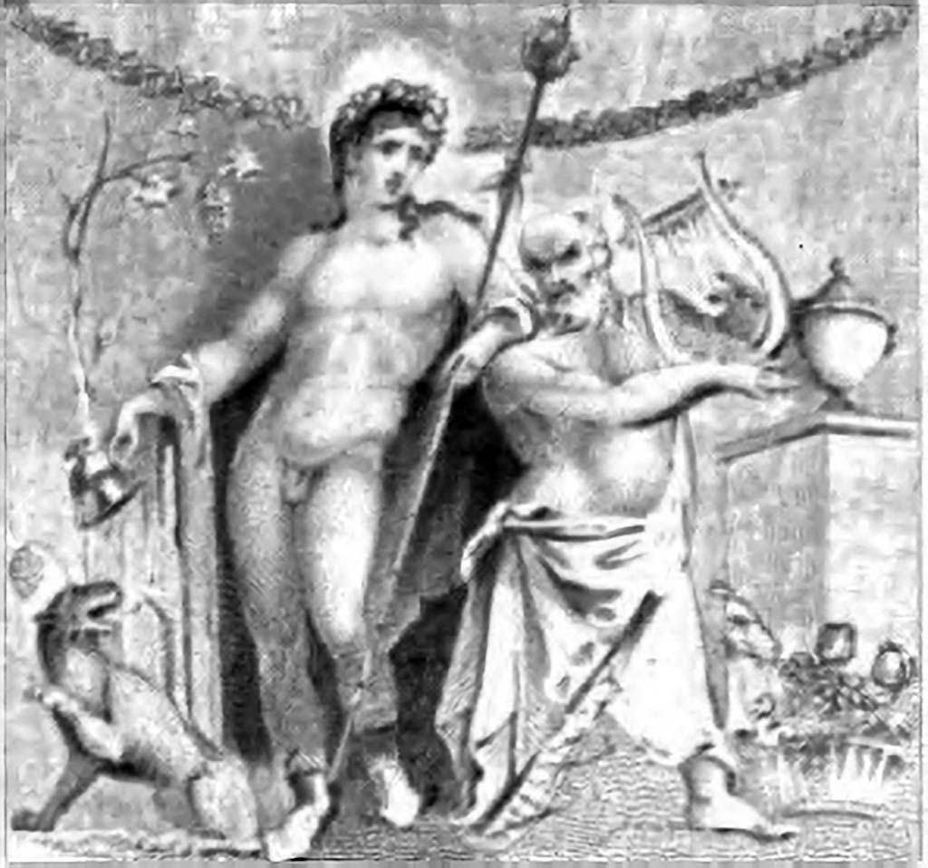 VII.7.30/32 Pompeii. 1852 drawing by Gell of the painting of Bacchus and Silenus. Small room at the rear of the temple.
According to Kuivalainen: There are four 19th century versions of this painting, with only minor differences between them. The basic composition is with two persons. An almost naked youth with a cloak around his arms and wearing boots stands in the middle, leaning on the shoulder of Silenus, who plays the lyre; the youth pours wine from a cantharus in his right hand. In the foreground, on the left, sits a panther with left foreleg raised (in
three versions, interpreted as a winged cupid in one) drinking the wine. In the background, a landscape with rocks and a vine, on the right side a basket full of fruit and a crater on a short pillar. 
Gell claims that the painting "had been anciently removed from another situation" and neatly fastened.
The drawing published by Gell is not as precise as the one by Bechi.
See Kuivalainen, I., 2021. The Portrayal of Pompeian Bacchus. Commentationes Humanarum Litterarum 140. Helsinki: Finnish Society of Sciences and Letters, p. 168.
