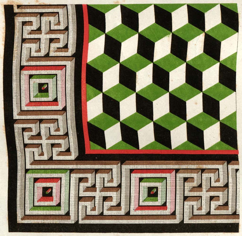 VII.7.32 Pompeii.
Undated (c.1825-27) Mosaic flooring from the cella as painted by Zahn, described as “Mosaic from the Temple of Venus”.
See Zahn, W., 1828. Die schönsten Ornamente und merkwürdigsten Gemälde aus Pompeji, Herkulanum und Stabiae: I. Berlin: Reimer, taf. 15.