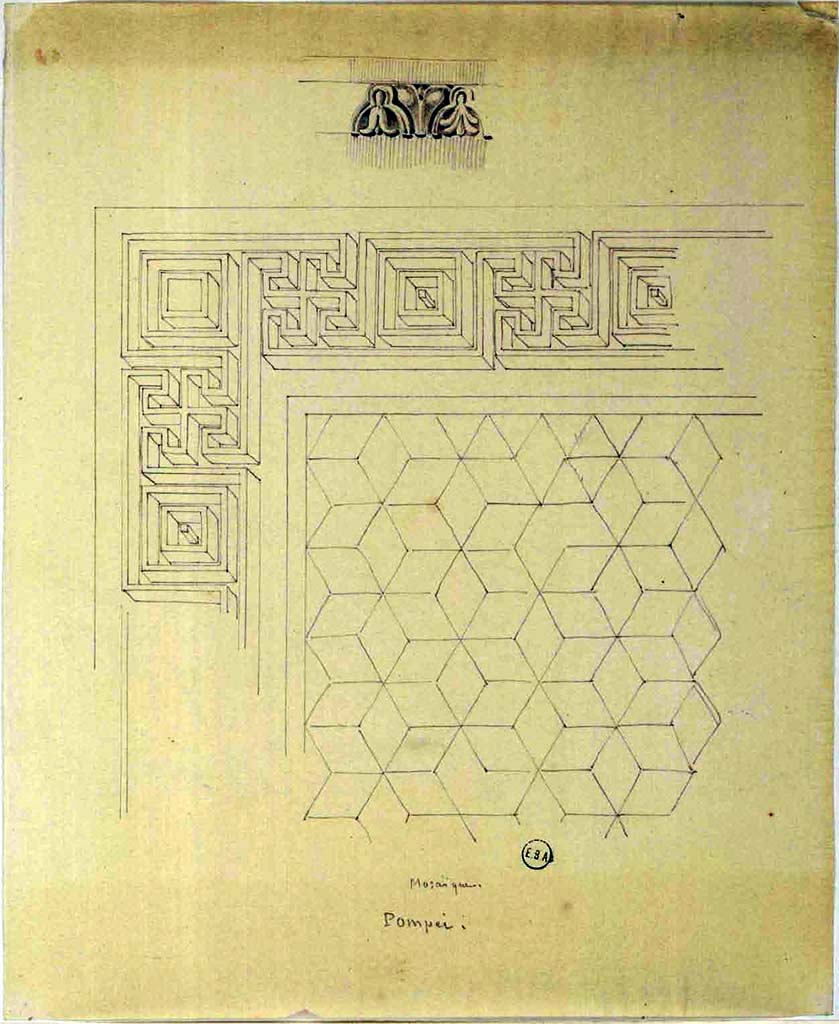 VII.7.32 Pompeii. Mosaic flooring as drawn by Jean-Baptiste Ciceron Lesueur.
See Lesueur, Jean-Baptiste Ciceron. Voyage en Italie de Jean-Baptiste Ciceron Lesueur (1794-1883), pl. 45.
See Book on INHA reference INHA NUM PC 15469 (04) « Licence Ouverte / Open Licence » Etalab