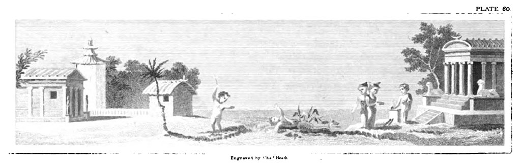 VII.7. 32 Pompeii. c.1821. Copy by Gell of sacred landscape from the temple.
According to Gell –
“Many authors of antiquity mention the pygmies: three spans long, they were famous for continually warring against the cranes; but here is one sustaining a much more unequal combat, which he appears to have escaped from, only by means of the less fortunate fate of his companion.
The temple is singular, from having a curved pediment. It is guarded in the Egyptian manner by Sphynxes. In the front is an altar, with Mercury, and two other pygmy figures.”
See Gell, W, and Gandy J. P., 1821. Pompeiana: 2nd edition. London: Rodwell and Martin, (p.234, plate LX)