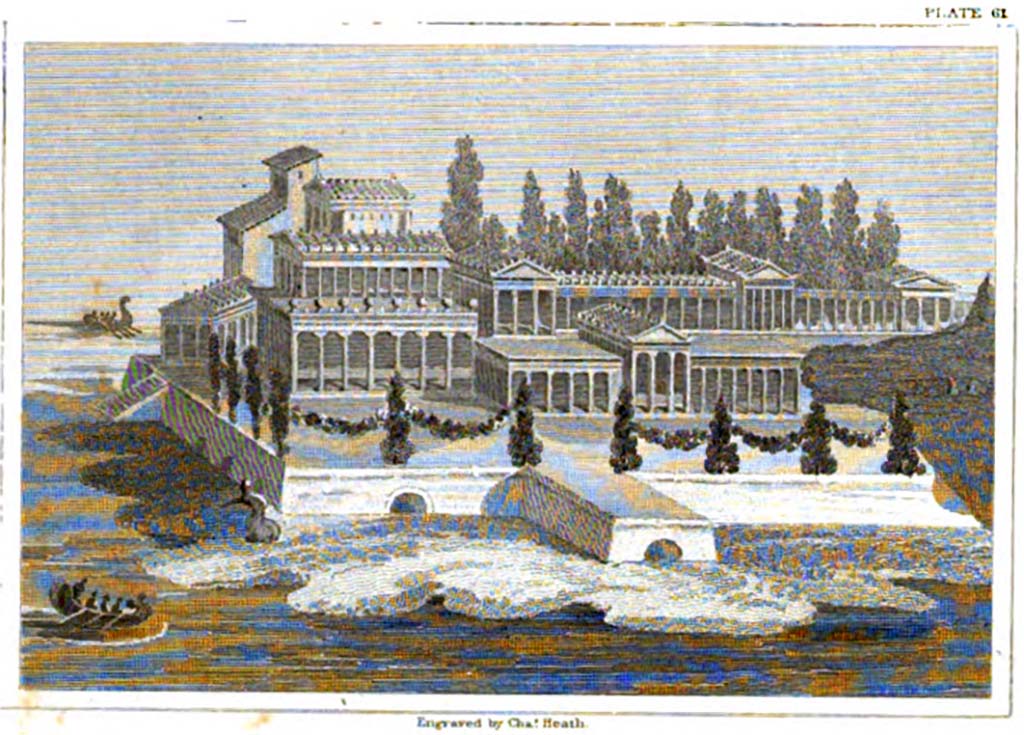 VII.7.32 Pompeii. c.1821. drawing by Gell of villa in maritime setting with boats.
According to Gell –
“This is a curious architectural subject. Pliny describing his villa, says the hippodrome had cypresses planted around. A sort of figure appears running down to a boat. The painting is obliterated to the right.”
See Gell, W, and Gandy J. P., 1821. Pompeiana: 2nd edition. London: Rodwell and Martin, (p.234, plate LXI)