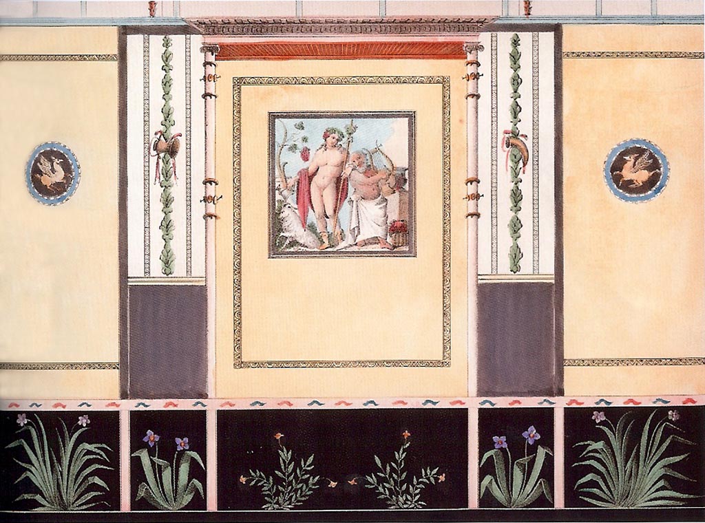 VII.7.32 Pompeii. 1834 painting of the wall of the small room with the painting of Bacchus and Silenus.
Bacchus was holding the thyrsus in one hand and an upended cup in the other; Silenus was playing his lyre for the god.
Mazois could not understand why the artist had drawn a Billy goat rather than the panther seen in the original.
See Mazois, F., 1838. Les Ruines de Pompei : Quatrième Partie. Paris: Didot Frères, p. 39, note (1), pl. XLII.