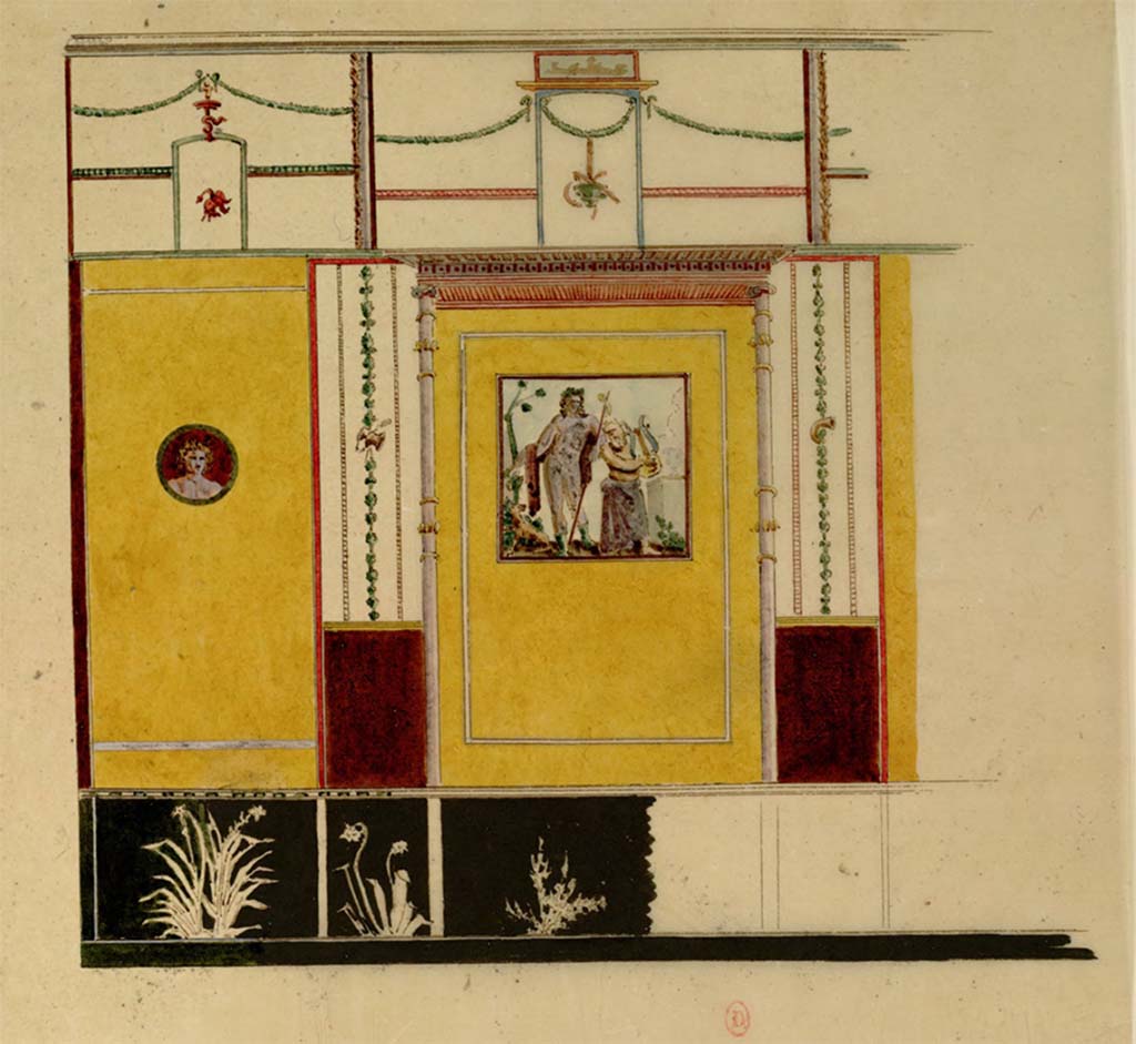 VII.7.32 Pompeii. c.1817. Watercolour sketch by Chenavard of part of wall decoration with painting of Bacchus and Silenus.
See Chenavard, Antoine-Marie (1787-1883) et al. Voyage d'Italie, croquis Tome 3, pl. 108.
INHA Identifiant numérique : NUM MS 703 (3). See Book on INHA
Document placé sous « Licence Ouverte / Open Licence » Etalab