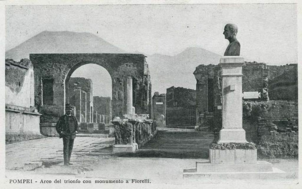 Forum. Old postcard, date unknown c.1910?. Bust of Giuseppe Fiorelli, now in the Larario dei Pompeianisti. Photo courtesy of Rick Bauer.