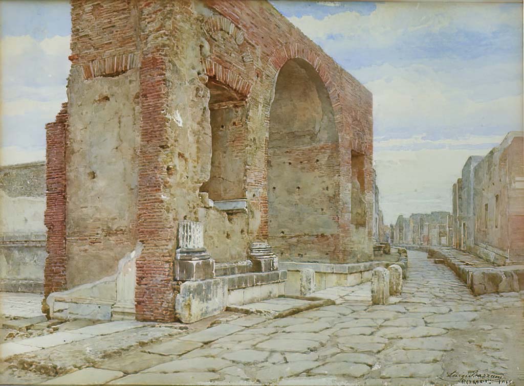 VII.8 Pompeii Forum. 1915? Watercolour by Luigi Bazzani.
Looking west along Vicolo dei Soprastanti, between VII.8 and VII.5, from junction with the Forum, on left, and Via del Foro, on right.
On the right of the roadway, the properties of VII.6, in the distance, and south side of VII.5, can be seen prior to 1943 bombing.
Now in Naples Archaeological Museum, inventory number 139476.