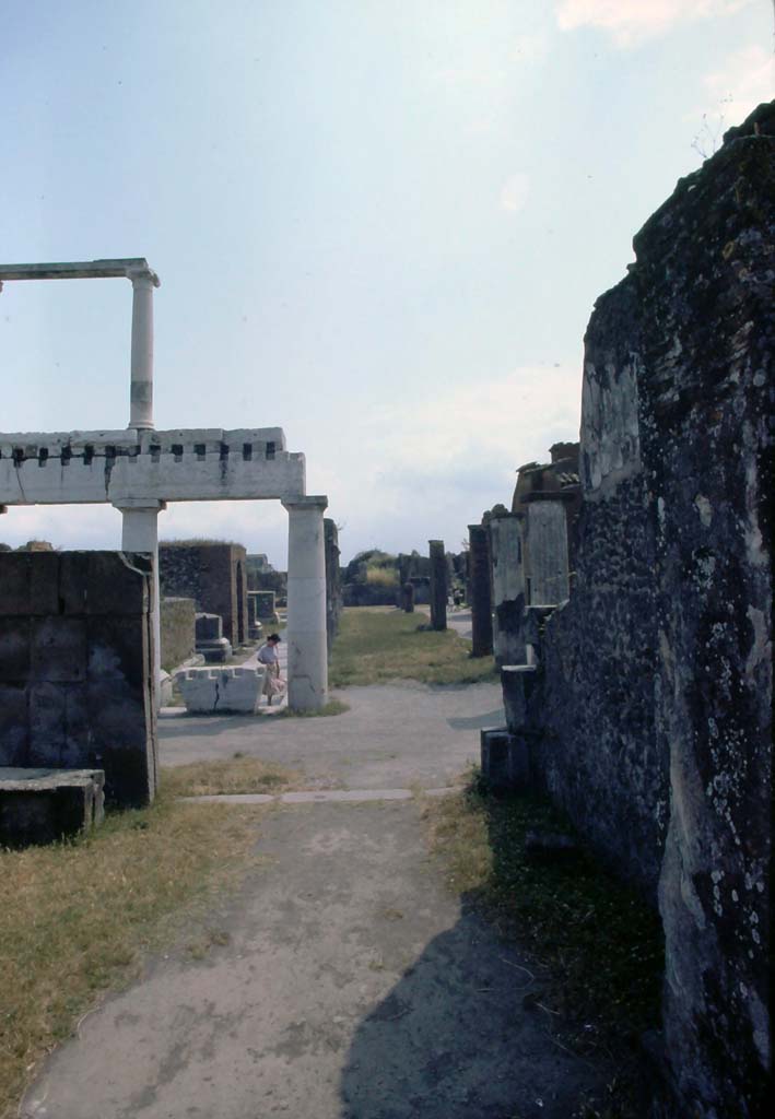 VII.8 Pompeii Forum. July 1980. Looking east across south end of Forum, from Basilica.
Photo courtesy of Rick Bauer, from Dr George Fay’s slides collection.