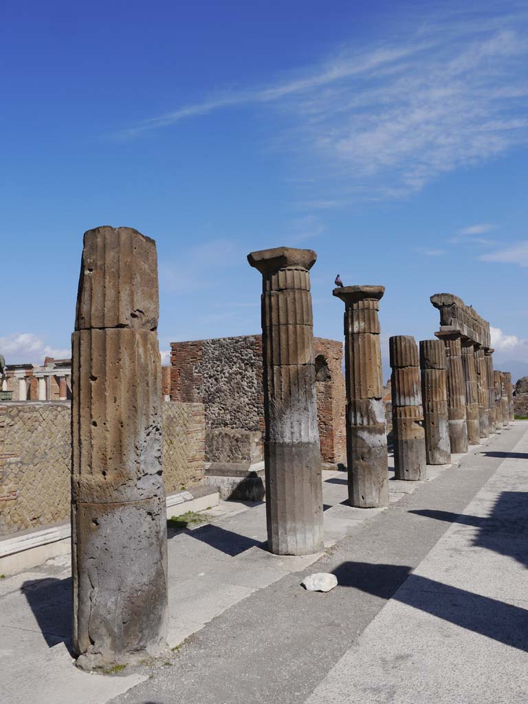 VII.8 Pompeii, south side of forum March 2019.
Looking east along ancient portico columns of colonnade of Popidius.
Foto Anne Kleineberg, ERC Grant 681269 DÉCOR.