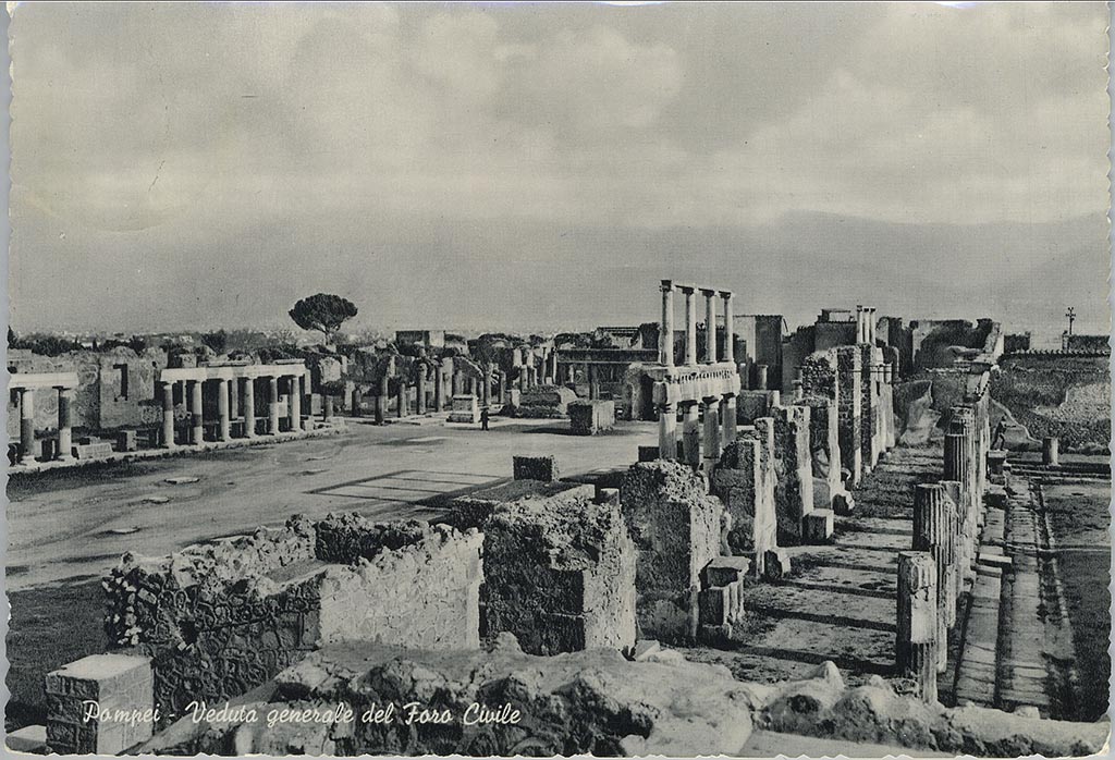 VII.8 Pompeii Forum. Postcard by R Renza dated July 1956.
Looking south-east across the west side of the Forum, with the Temple of Apollo, on the right. Photo courtesy of Rick Bauer.