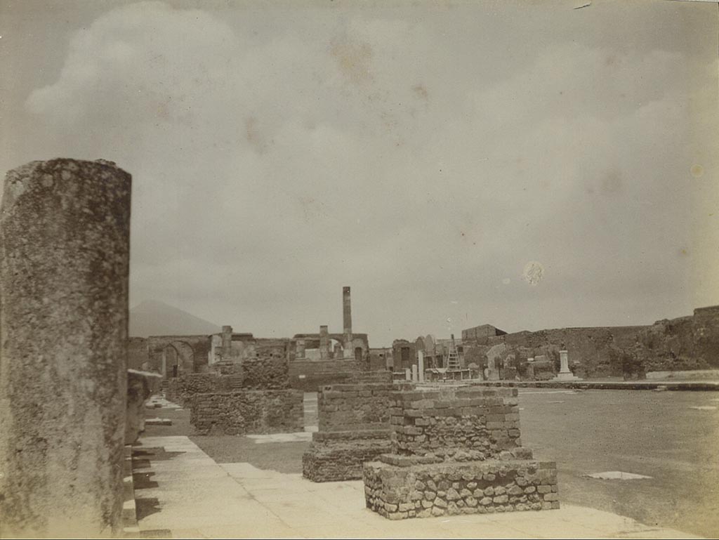 VII.8 Pompeii Forum. 1905.
Looking north-east along west side with pedestal bases for statues of distinguished citizens. Photo courtesy of Rick Bauer.
