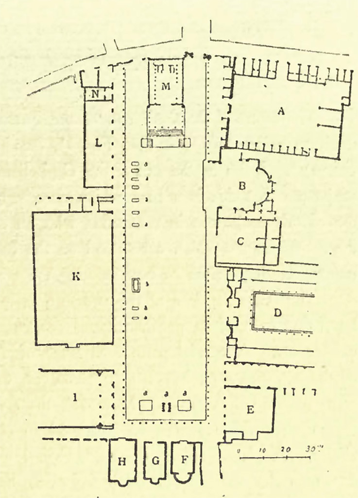VII.8.00 Pompeii. Plan of Forum.
“The lower part of a similar letter, an L, exists in a block of limestone apparently relaid in antiquity or in modern times, in the open space of the Forum to the west of the north end of the portico in front of the Building of Eumachia.”
See Van Buren, A. W., 1918. The Forum at Pompeii in MAAR Vol II, Fig. 1, p. 71 (and note 3).